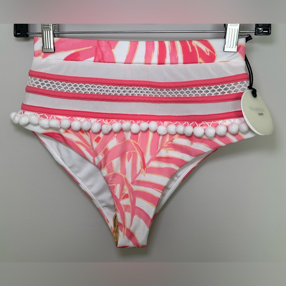 NWT Tularosa Swim Pom Pom Bikini Bottoms Pink White Palm Print Tropical Mesh XS‎
